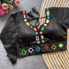 Black Mirror Work V-Neck Silk Blouse