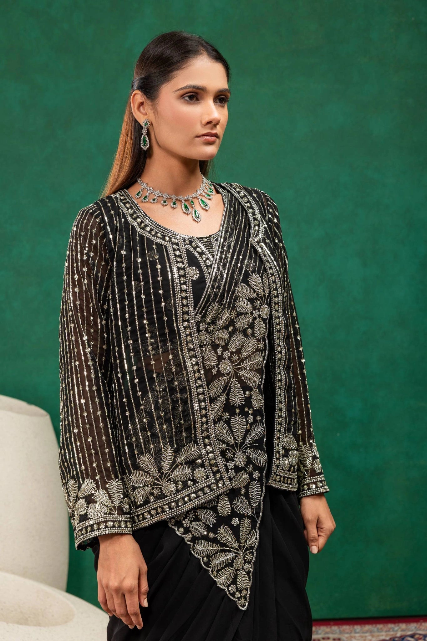 Black Zari Embroidered Saree KS394 model close-up blouse