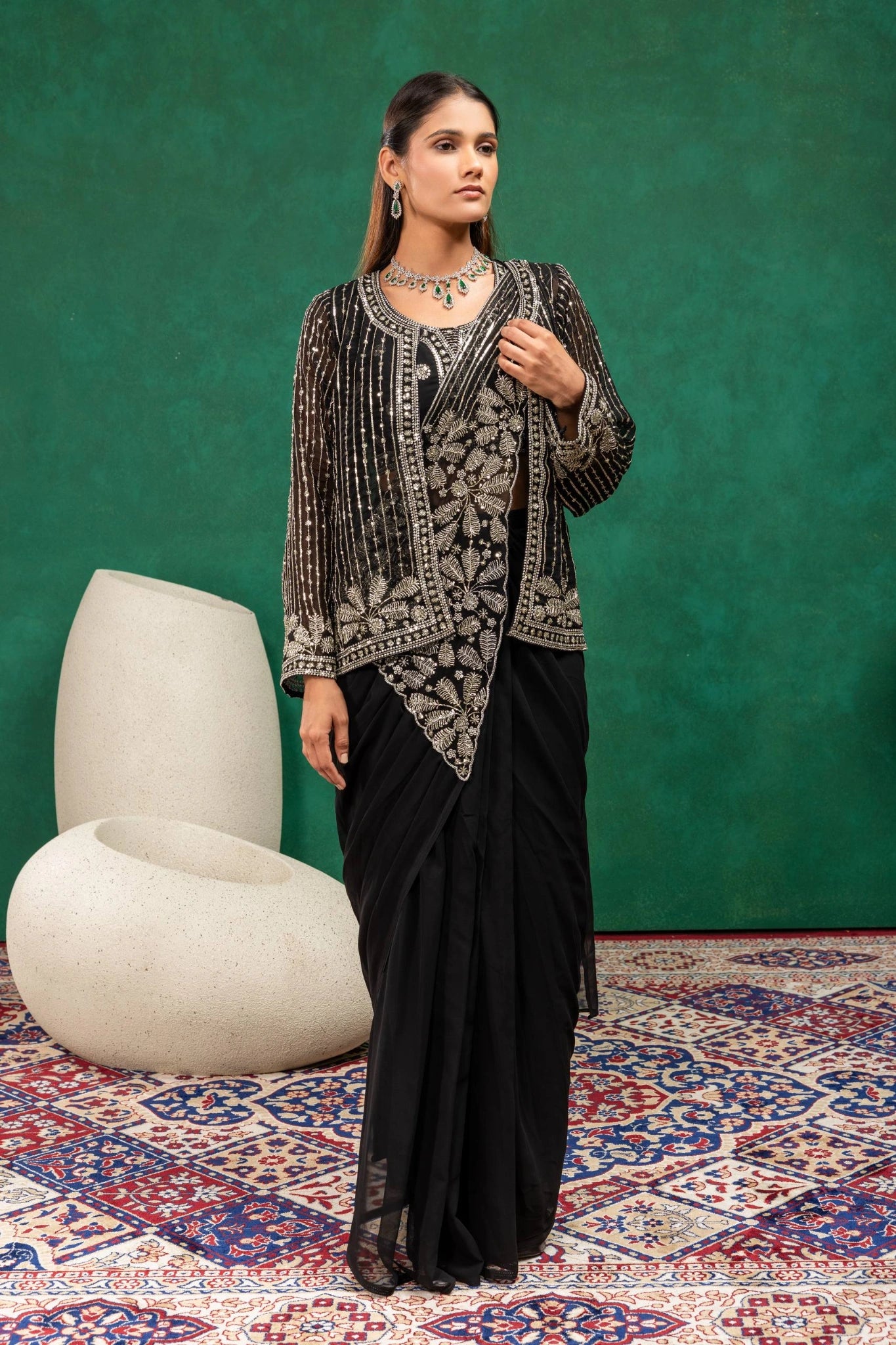 Black Heavy Embroidered Faux Georgette Saree KS394 model shot