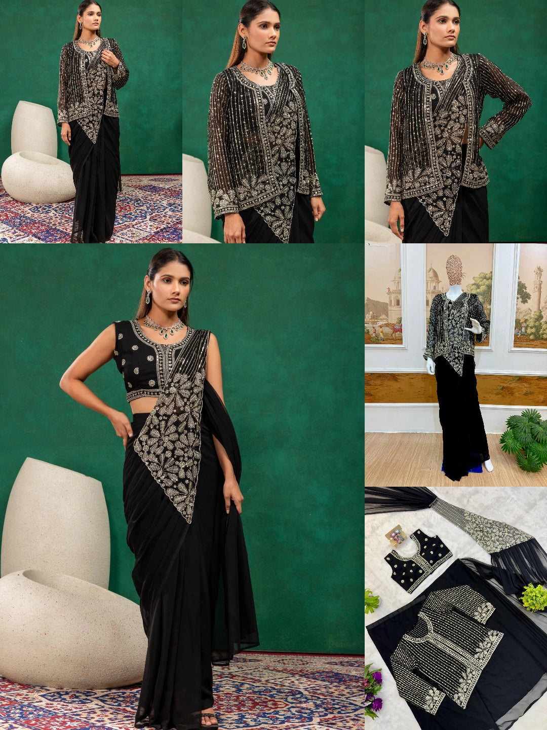 Black Zari Embroidered Saree KS394 flat lay blouse piece set