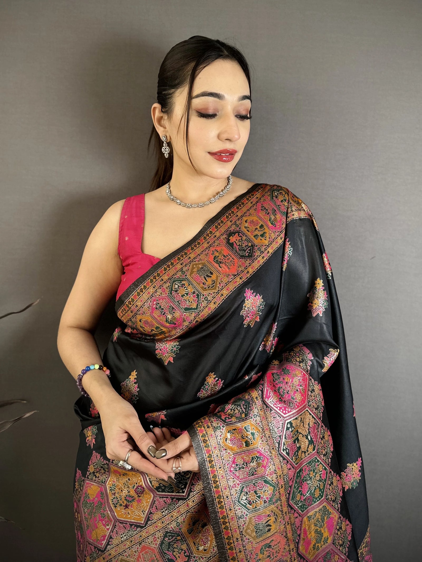Black Pashmina Silk Blend Saree close-up draping – KS372