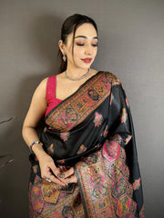 Black Pashmina Silk Blend Saree close-up draping – KS372