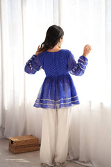 Blue Faux Georgette Kediya V-Neck Mirror Work Close Up Kalyanja KC19