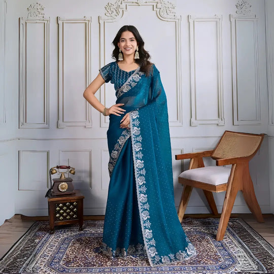 Blue Swarovski & Embroidery Work Fendy Chiffon Silk
