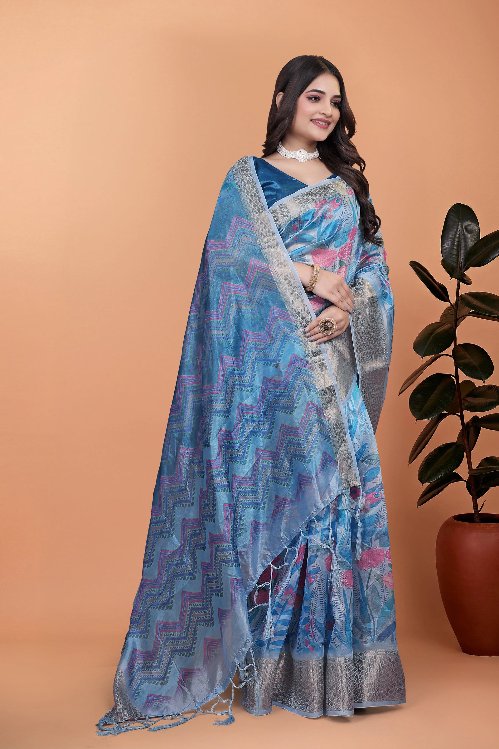 Blue Gray Premium Crystal Saree Woven Pallu Full View | Kalyanja KS355