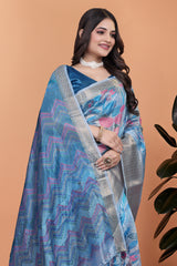Blue Gray Zari Weaving Saree Zig-Zag Pallu Close-Up | Kalyanja KS355