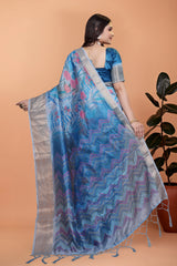 Blue Gray Zari Weaving Premium Crystal Saree Back View | Kalyanja KS355