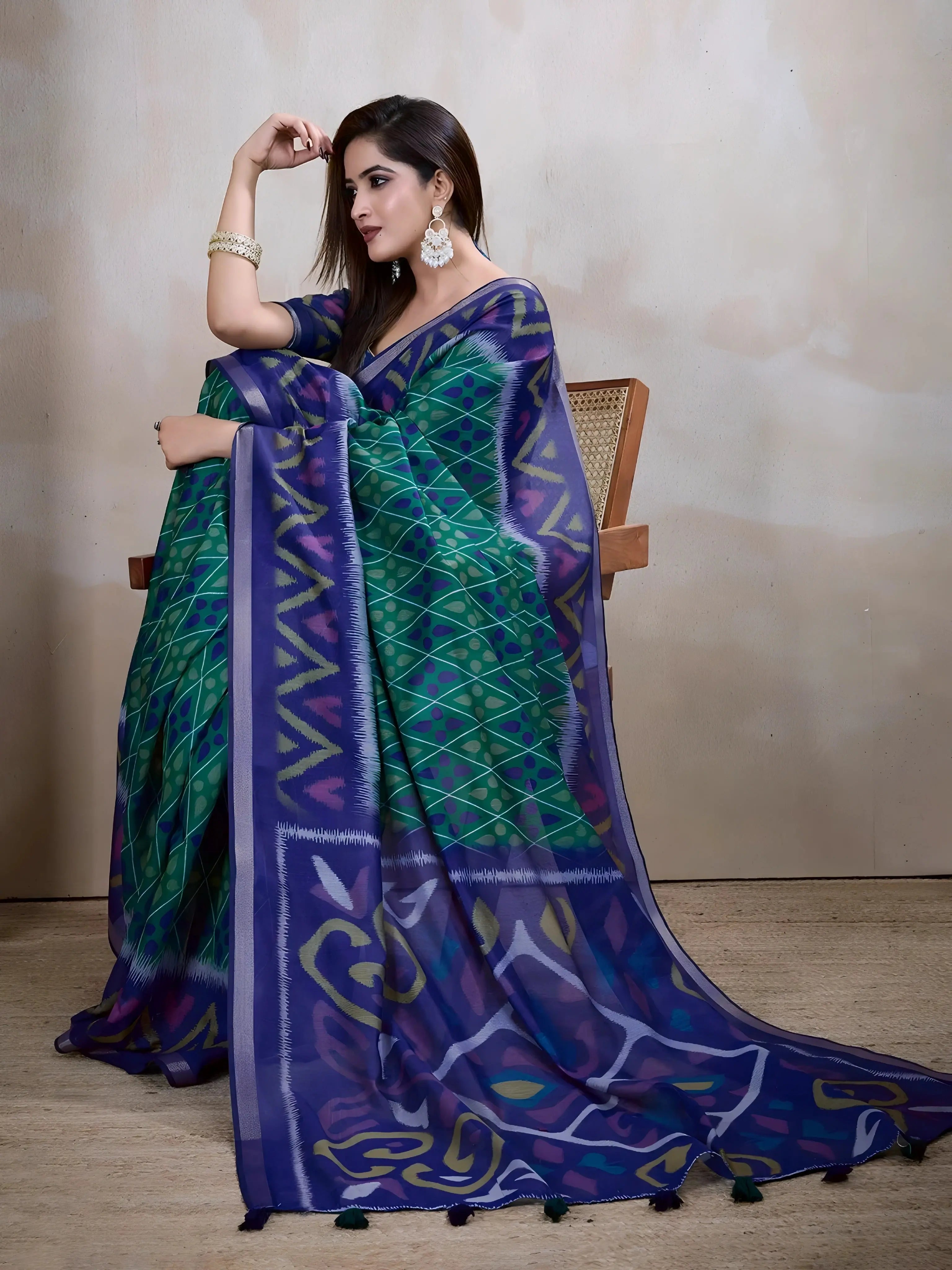 Dark Green Ikkat Print with Zari Woven Cotton Saree