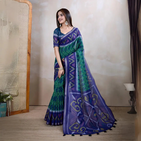 Dark Green Ikkat Print with Zari Woven Cotton Saree