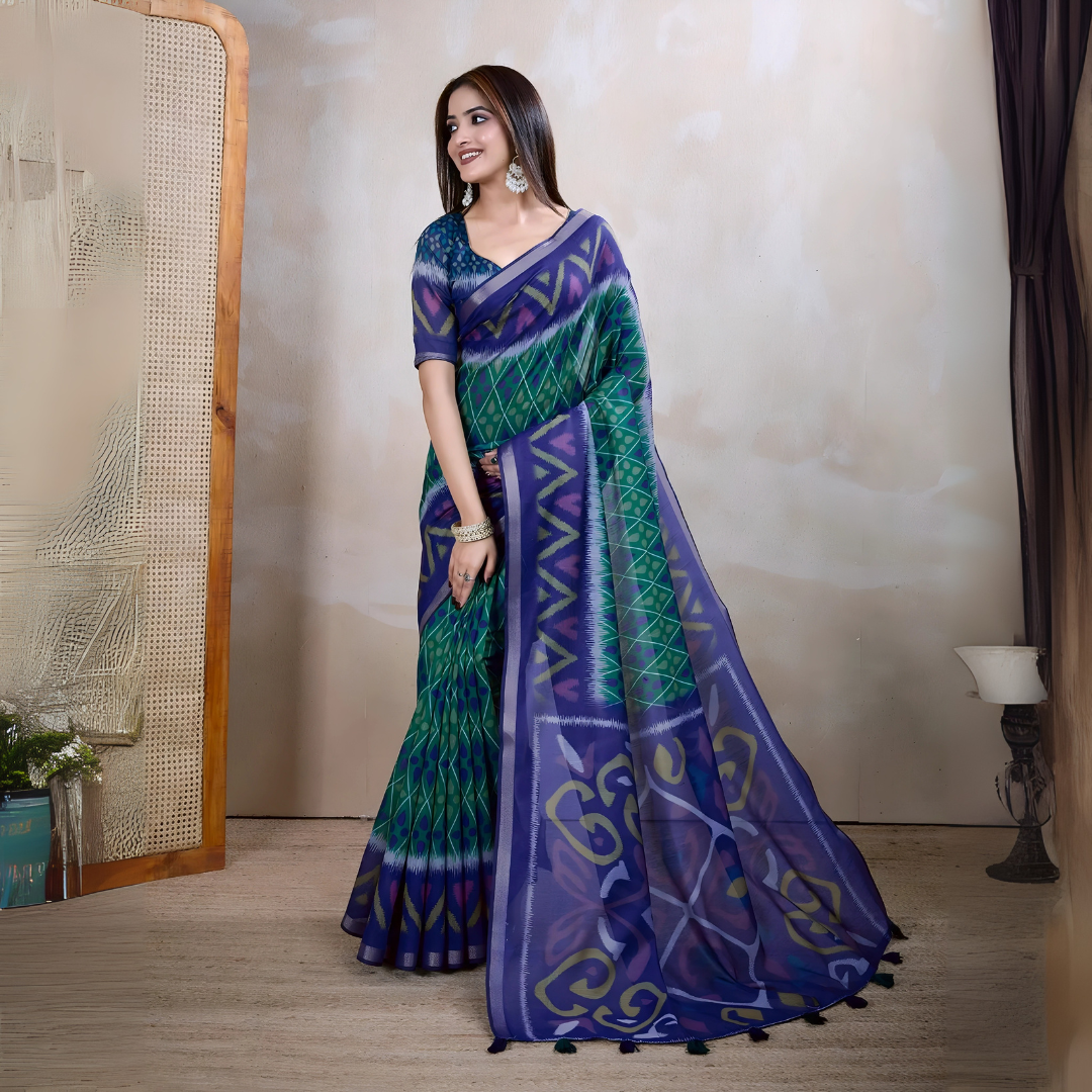 Dark Green Ikkat Print with Zari Woven Cotton Saree