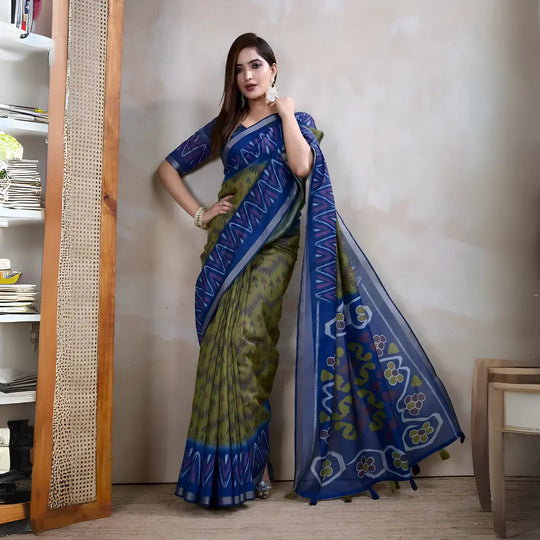 Mehendi Green Ikkat Print with Zari Woven Cotton Saree