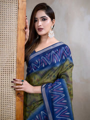 Mehendi Green Ikkat Print with Zari Woven Cotton Saree