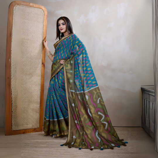 Blue Ikkat Print with Zari Woven Cotton Saree