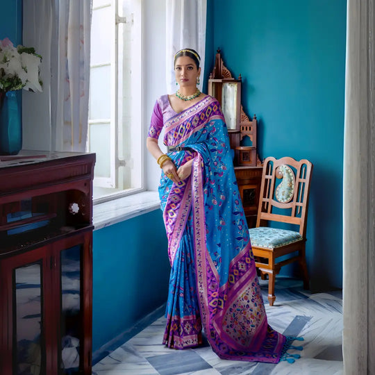 Sky Blue & Purple Zari Weaving Soft Banarasi Silk Saree