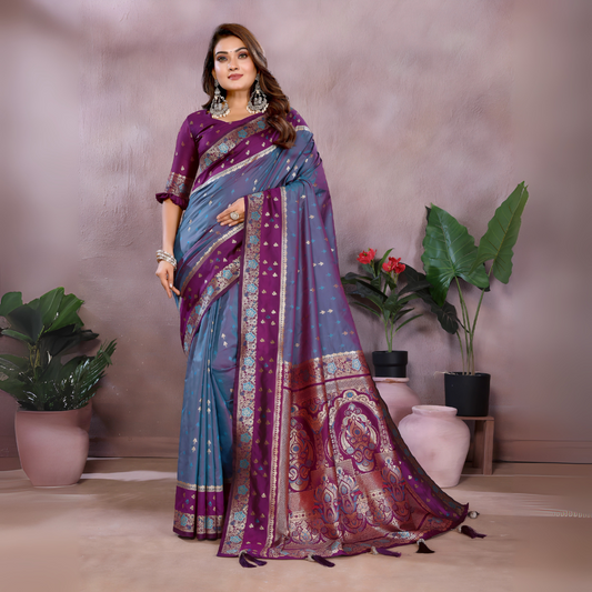 Rama Blue Zari Woven Kalamkari Silk Saree