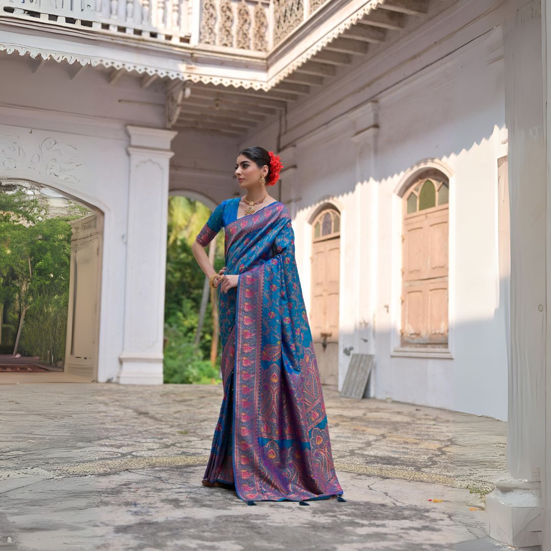 Blue Zari Work Soft Pashmina Silk Saree