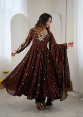 Brown Embroidered Anarkali KU246 model festive close-up shot