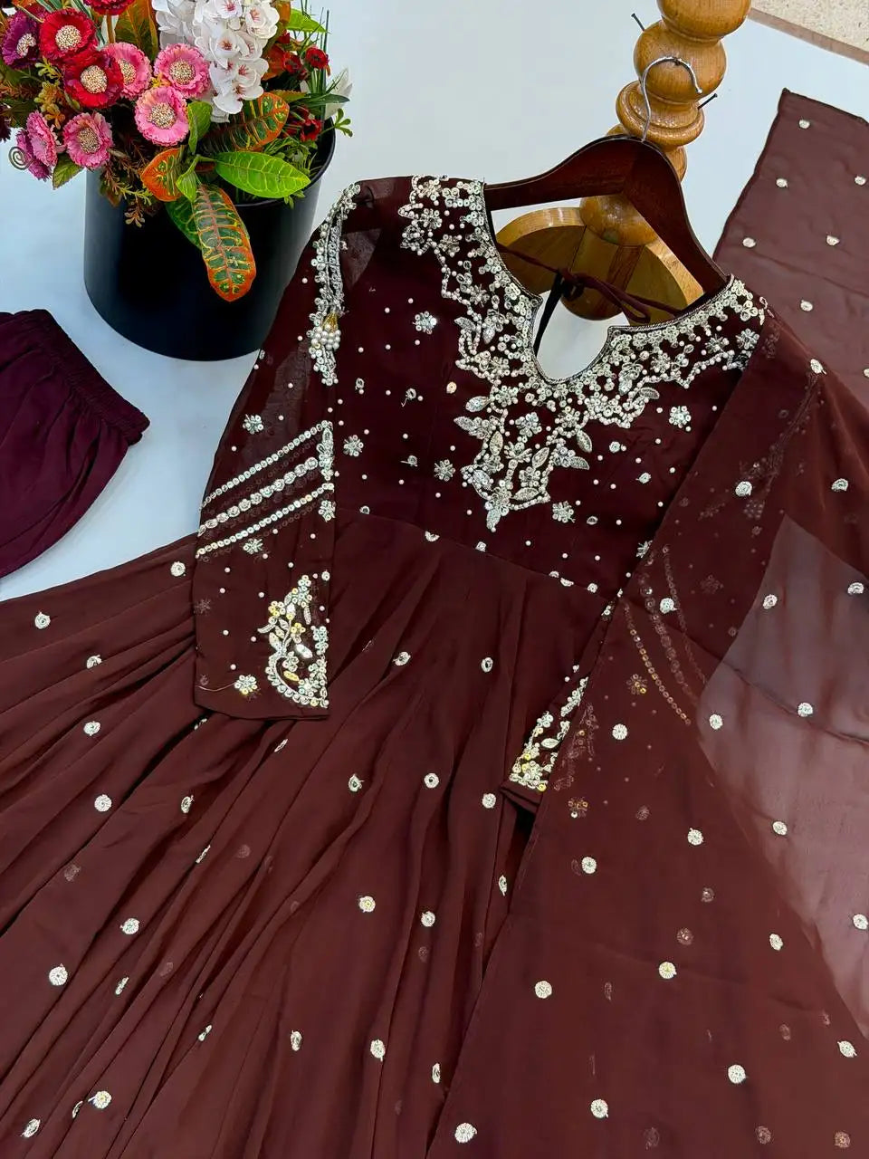Brown Embroidered Suit Pant Dupatta KU246 flat lay complete set