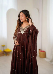 Brown Embroidered Suit Kalyanja KU246 model standing full length festive