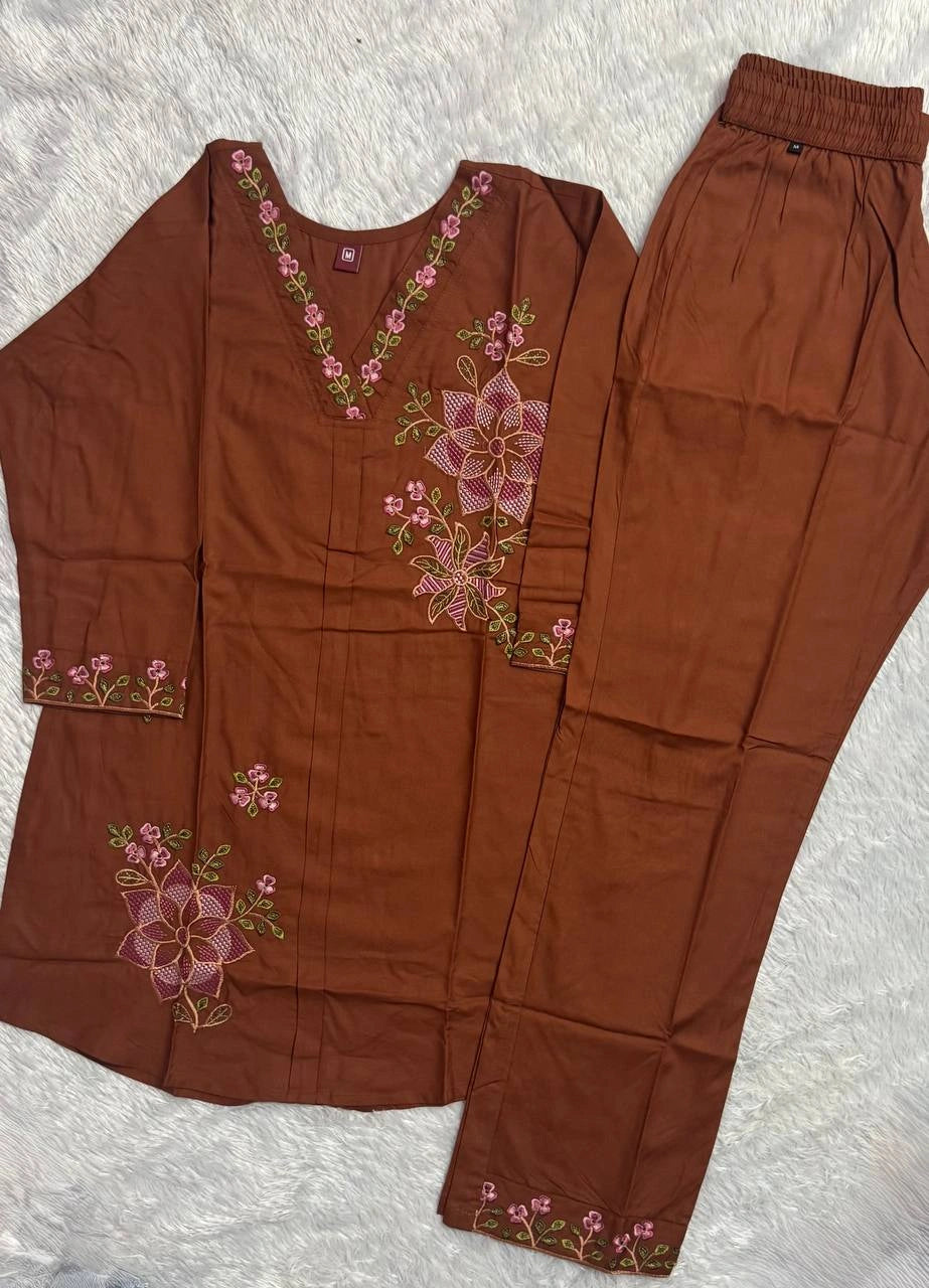 brown multi thread embroidered coord set kalyanja kc12 flat lay top and pant