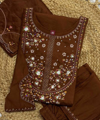 Brown Multi Thread Embroidered Kurti Marina Silk Blend KK110 - Flat Lay Set