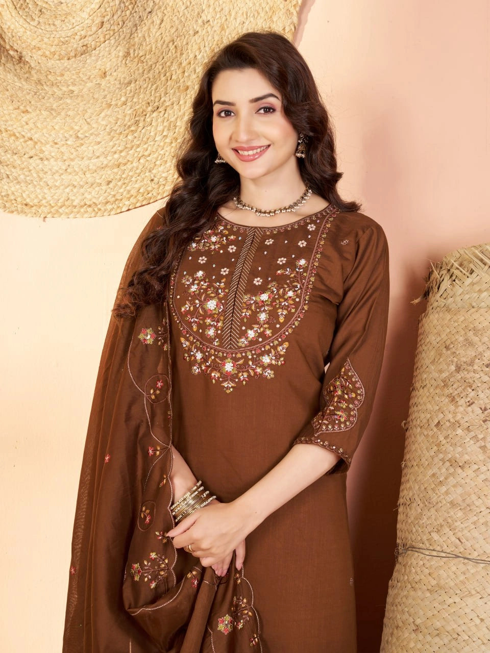 Brown Multi Thread Embroidered Kurti Marina Silk Blend KK110 - Upper Body with Dupatta