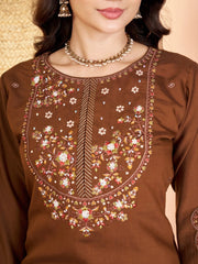 Brown Multi Thread Embroidered Kurti Marina Silk Blend KK110 - Neckline Embroidery Detail