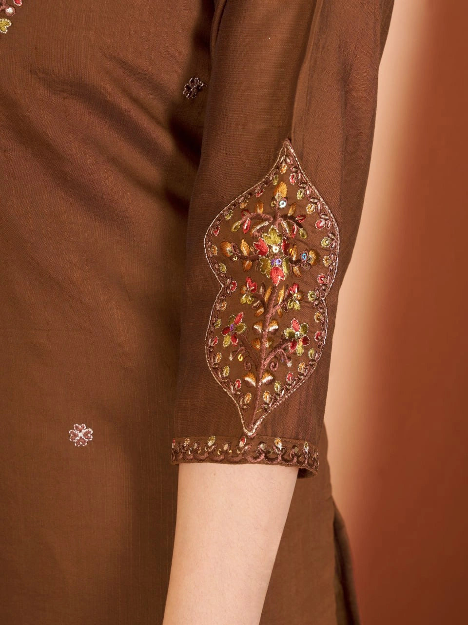 Brown Multi Thread Embroidered Kurti Marina Silk Blend KK110 - Sleeve Embroidery Detail