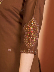 Brown Multi Thread Embroidered Kurti Marina Silk Blend KK110 - Sleeve Embroidery Detail