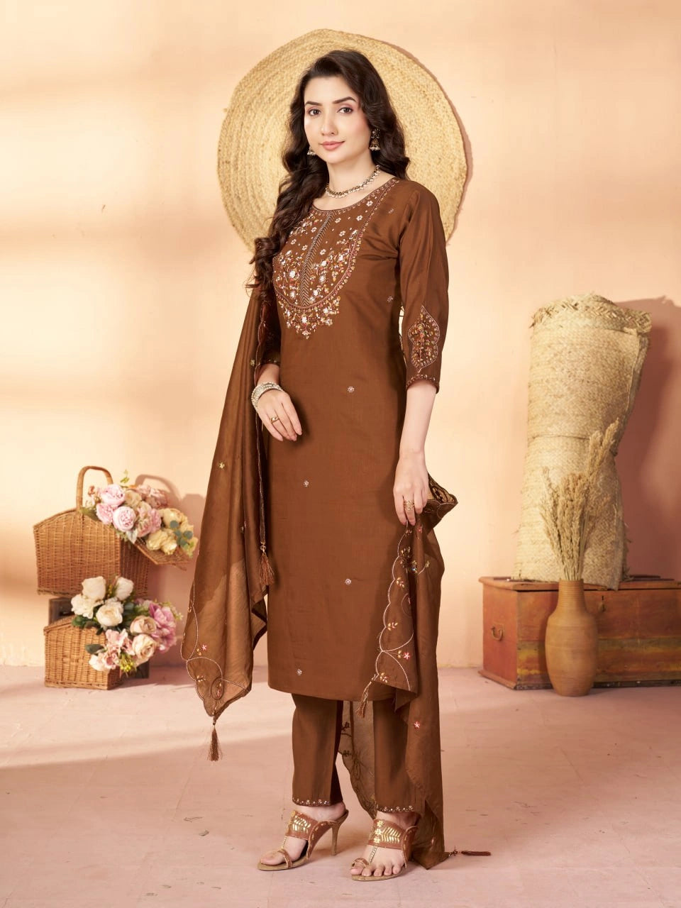 Brown Multi Thread Embroidered Kurti Marina Silk Blend KK110 - Detail View