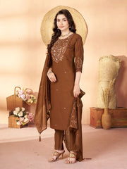 Brown Multi Thread Embroidered Kurti Marina Silk Blend KK110 - Detail View