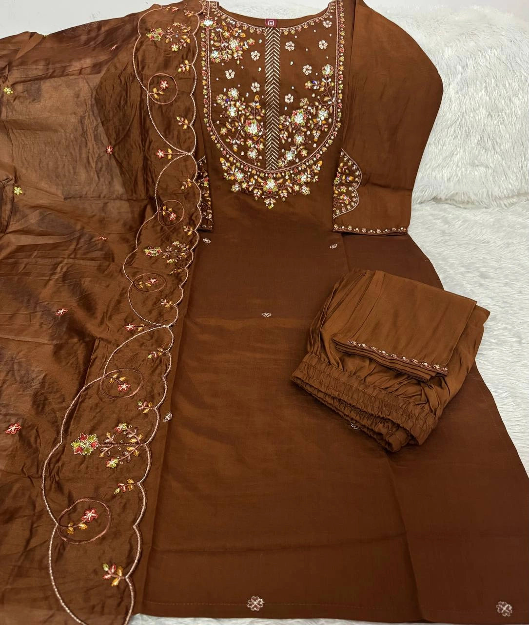Brown Multi Thread Embroidered Kurti Marina Silk Blend KK110 - Pant Detail