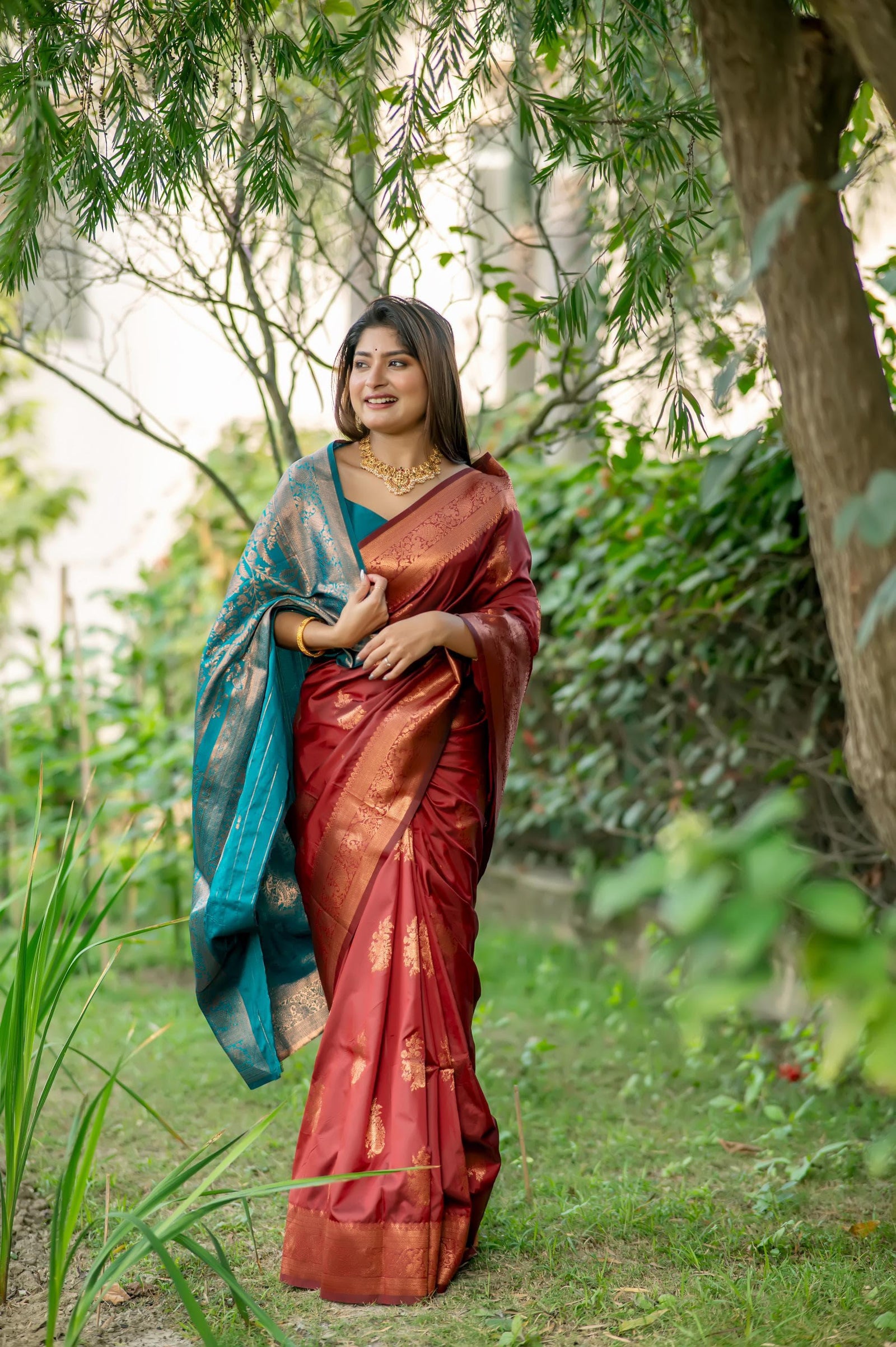 Brown Zari Work Soft Banarasi Silk Saree for Women