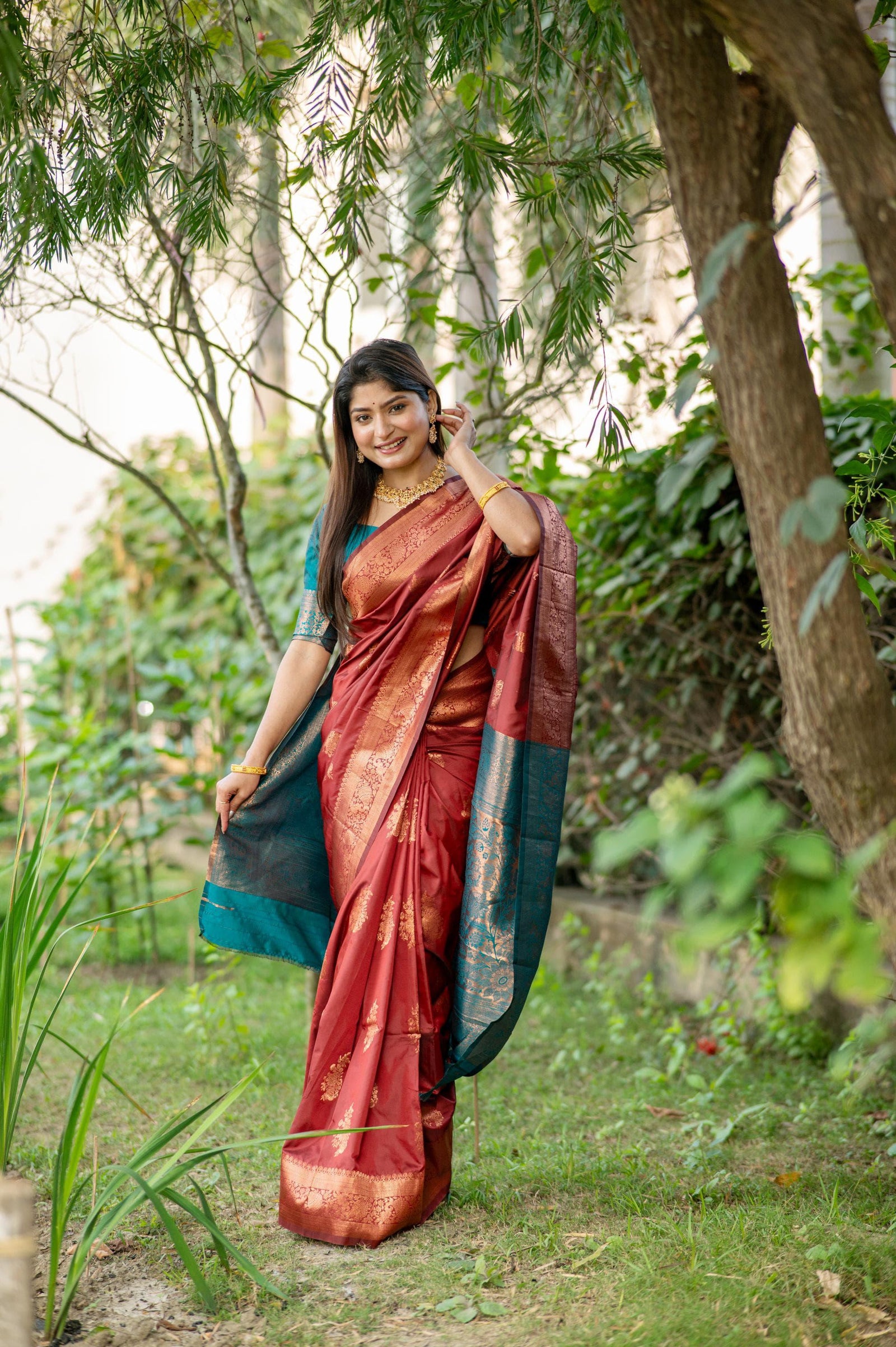 Brown Zari Work Soft Banarasi Silk Saree for Women