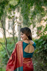 Brown Zari Work Soft Banarasi Silk Saree for Women