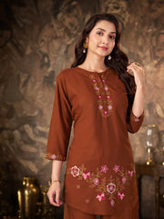 Brown Thread Embroidered Coord Set front bust view Kalyanja KC22