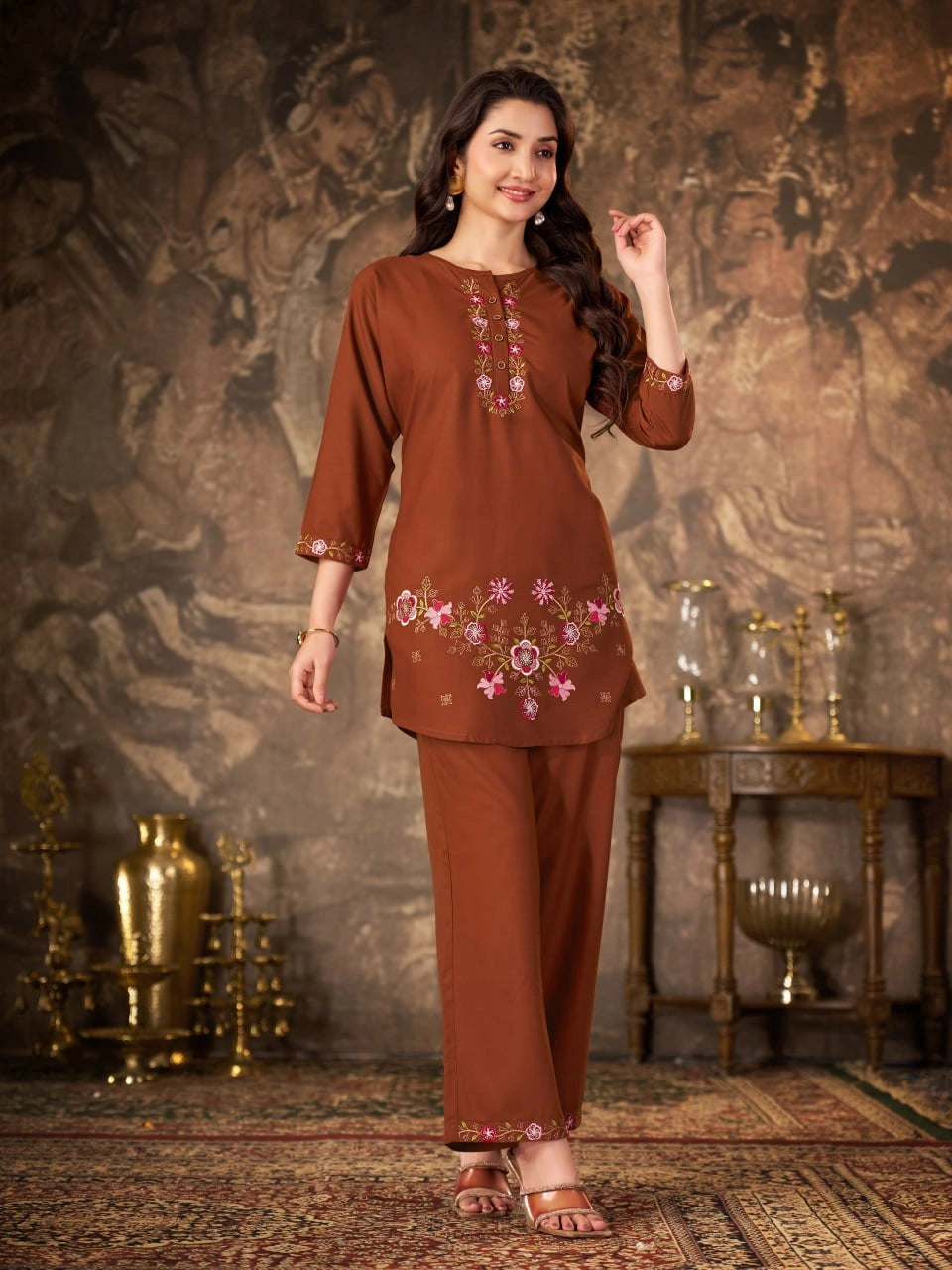 Brown Thread Embroidered Coord Set side angle full length Kalyanja KC22