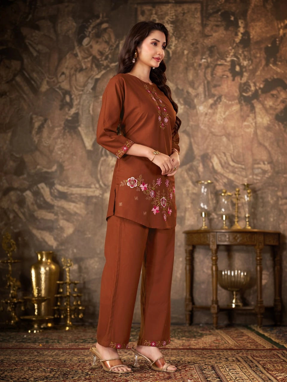 Brown Thread Embroidered Coord Set model pose Kalyanja KC22