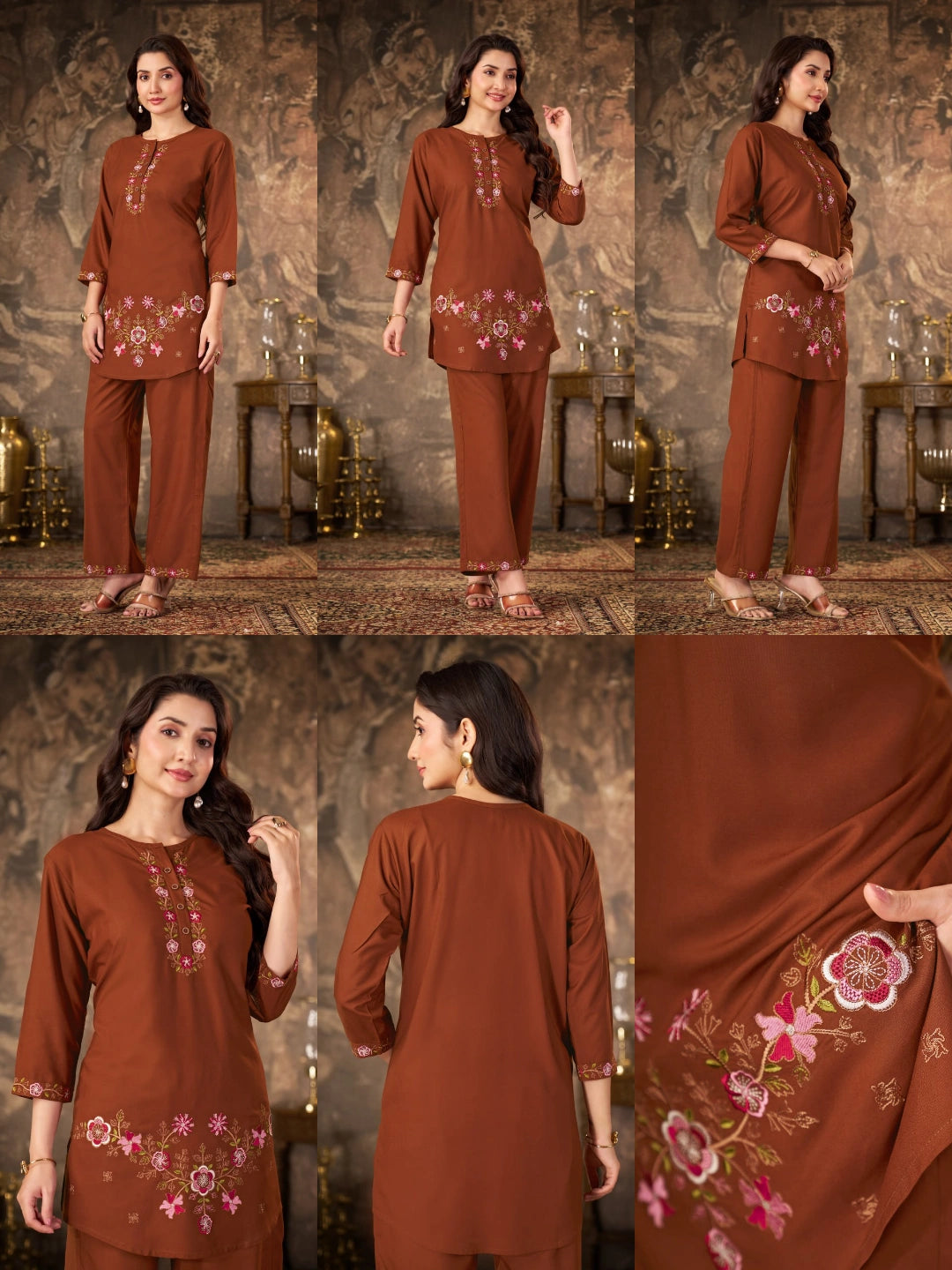 Brown Thread Embroidered Coord Set multiple views collage Kalyanja KC22