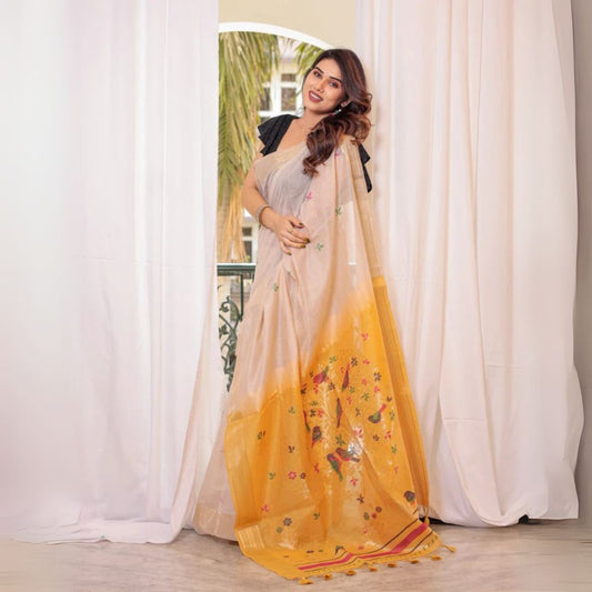 Brown Yellow Resham & Zari Weaving Soft Muga Cotton Saree