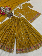 Brown Yellow Sequins Embroidered Suit mustard festive palazzo set KU263 Kalyanja