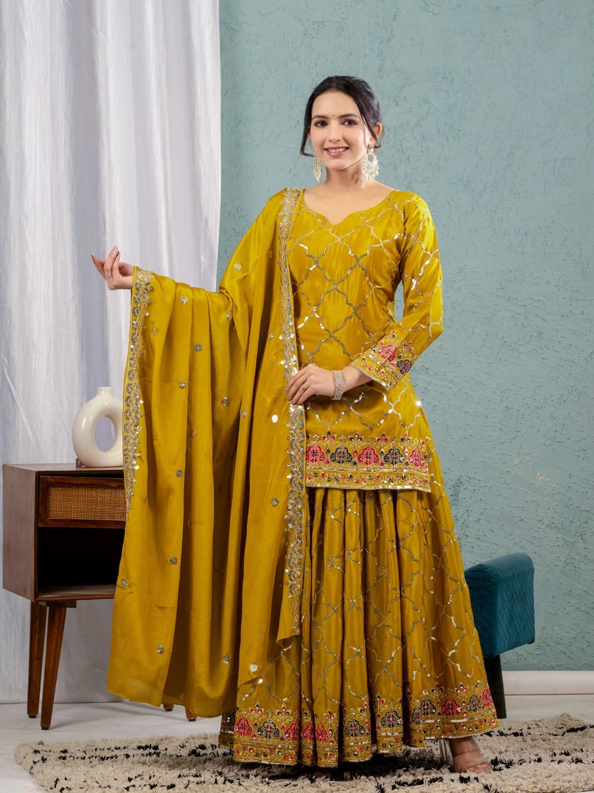 Brown Yellow Sequins Embroidered Suit Pakistani palazzo front model KU263 Kalyanja