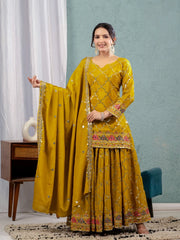 Brown Yellow Sequins Embroidered Suit Pakistani palazzo front model KU263 Kalyanja