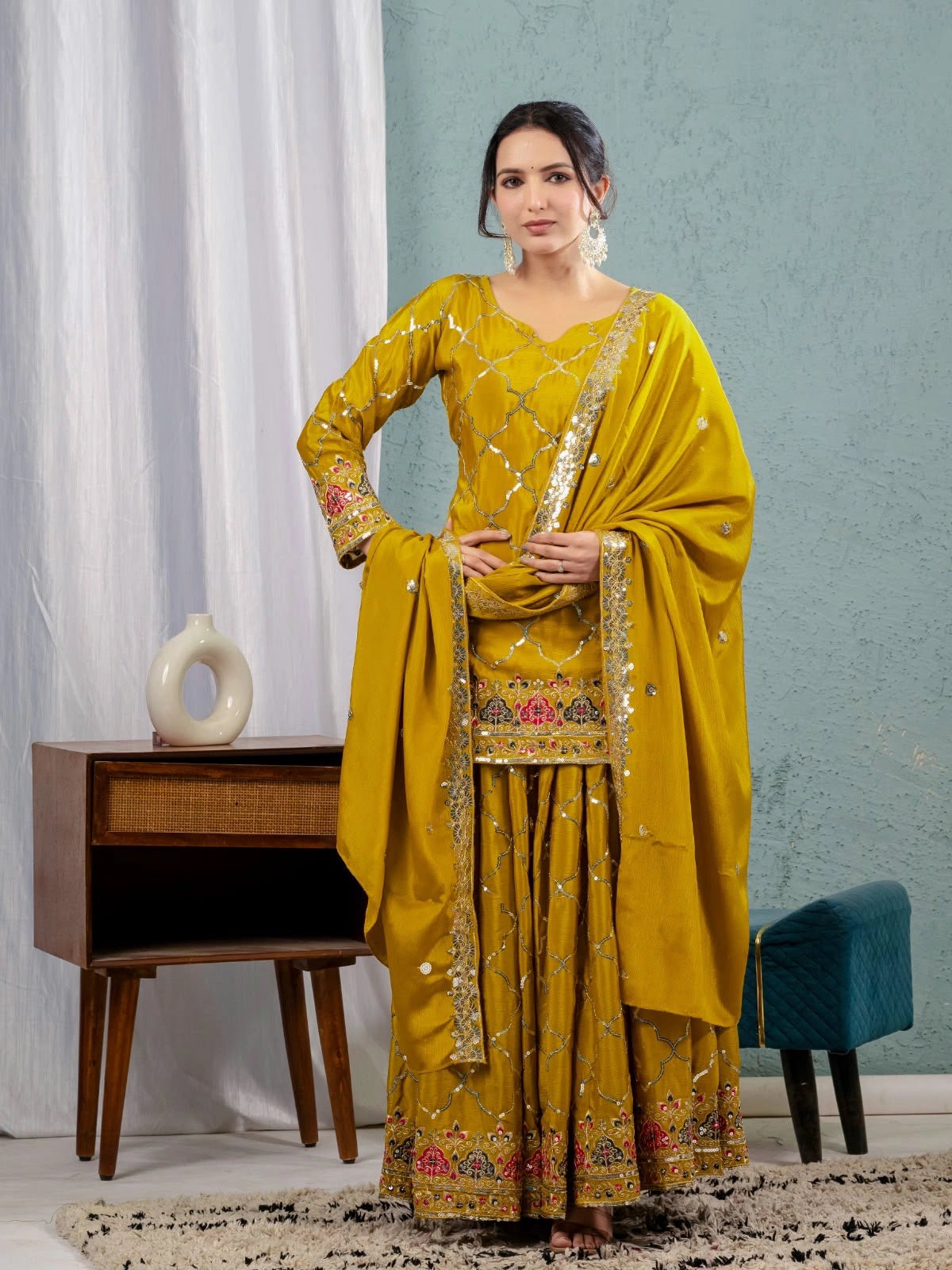 Brown Yellow Sequins Embroidered Suit festive model shot KU263 Kalyanja