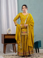 Brown Yellow Sequins Embroidered Suit festive model shot KU263 Kalyanja