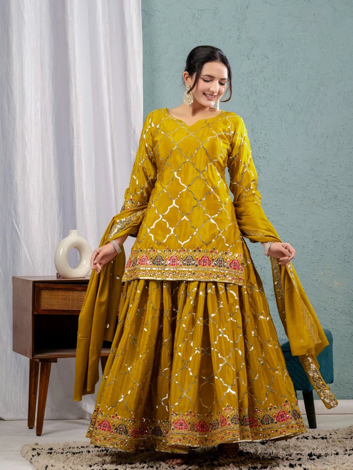 Brown Yellow Sequins Embroidered Suit occasion wear full length KU263 Kalyanja