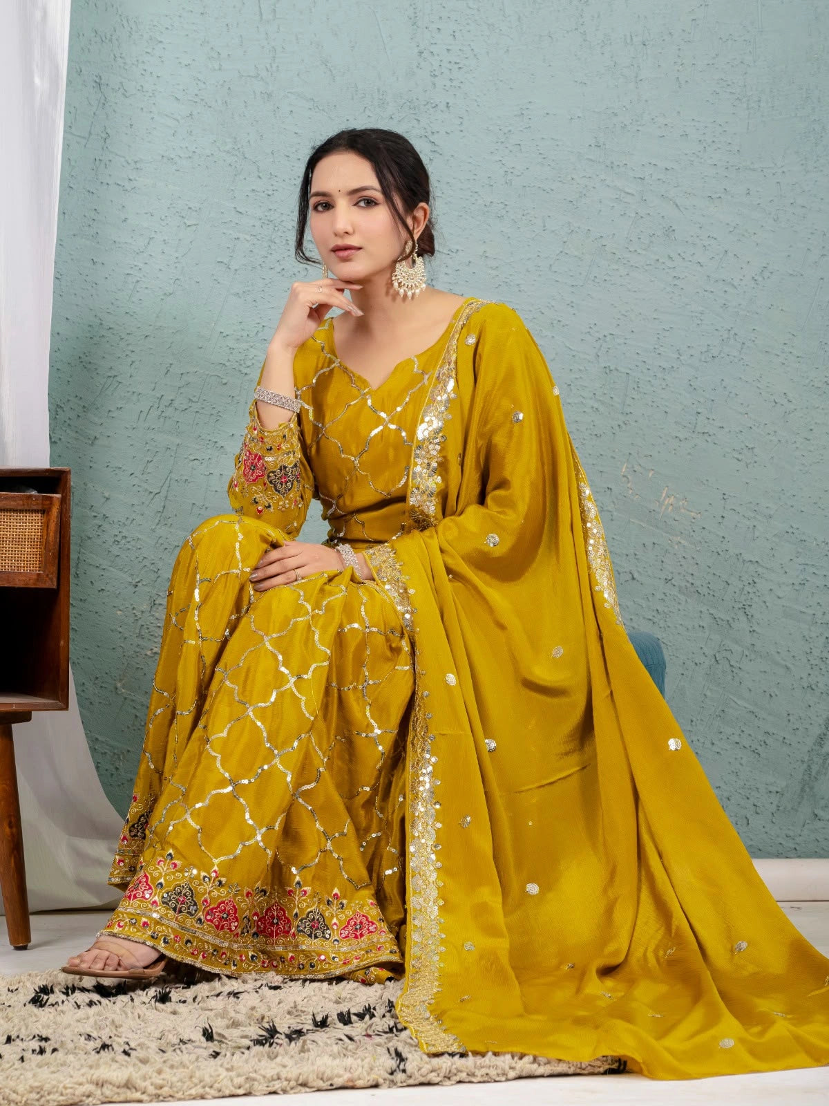 Brown Yellow Sequins Embroidered Suit sequins jaal detail KU263 Kalyanja