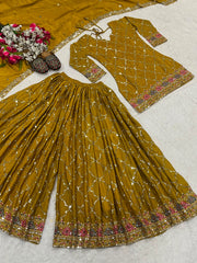 Brown Yellow Sequins Embroidered Suit flat lay kurta palazzo dupatta KU263 Kalyanja