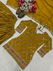 Brown Yellow Sequins Embroidered Suit Chinon Silk Blend flat lay detail KU263 Kalyanja