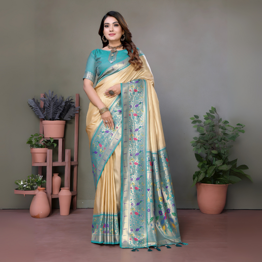 Beige Paithani Woven Banarasi Tissue Silk Saree